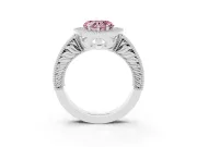 Fancy Pink Heart Cut Diamond Halo Ring Set in White gold with Round Accent Halo, Pavé Band and Prong Setting