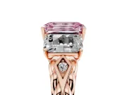 Fancy Pink Emerald Cut Diamond Three-Stone Ring Set in Rose gold with Braided Band