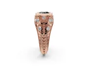 Fancy Black Round Cut Diamond Bezel Ring Set in Rose gold with Milgrain Accent Band