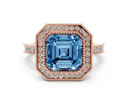 Asscher Cut Vintage Milgrain Halo Engagement Ring Setting for a Fancy Blue Lab-Grown Diamond | Bezel Head | Rose Gold
