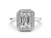 Emerald Cut Pave Halo Engagement Ring Setting | Slim Plain Band | White Gold