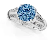 Fancy Blue Round Cut Diamond Vintage-Inspired Milgrain Ring Set in Platinum with Accent Split Shank