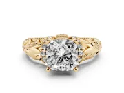 Cushion Cut Diamond Filigree Halo Engagement Ring Set in Yellow gold with Prong Setting