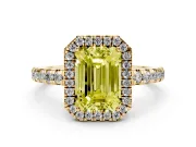 Fancy Yellow Emerald Cut Diamond Halo Ring Set in Yellow gold with Delicate Pavé Band and Prong Setting