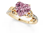 Fancy Pink Heart Cut Diamond Solitaire Leaf-Inspired Ring Set in Yellow gold with Pavé Band and Prong Setting