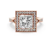 Princess Cut Diamond Halo Engagement Ring Set in Rose gold with Milgrain Pavé Band