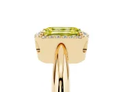 Fancy Yellow Emerald Cut Diamond Halo Engagement Ring Set in Yellow gold with Plain Split Shank and Prong Setting