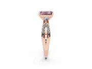 Fancy Pink Emerald Cut Diamond Three-Stone Ring Set in Rose gold with Pavé Split Shank and Prong Setting