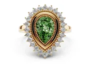Fancy Green Pear Cut Diamond Halo Ring Set in Yellow gold with Milgrain Edge and Round Prong Setting