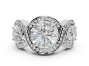Round Three Stone Halo Engagement Ring Setting | Pavé Wave Band | Platinum