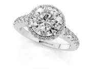 Round Cut Diamond Halo Engagement Ring Set in White gold with Pavé Band and Prong Setting