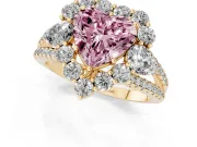 Fancy Pink Heart Cut Diamond Halo Split Shank Engagement Ring Set in Yellow gold with Prong-Held Center Stone