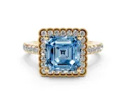 Fancy Blue Asscher Cut Diamond Milgrain Floral Halo Engagement Ring Set in Yellow gold with Pavé Band