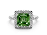Fancy Green Asscher Cut Diamond Milgrain Floral Halo Engagement Ring Set in White gold with Pavé Band