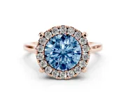 Round Halo Engagement Ring Setting for a Fancy Blue Lab-Grown Diamond | Claw Corners | Rose Gold