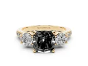 Fancy Black Three-Stone Cushion Cut Diamond Pavé Band Ring Set in Yellow gold with Prong-Set Trio
