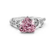 Fancy Pink Heart Cut Diamond Solitaire Leaf-Inspired Ring Set in Silver with Pavé Band and Prong Setting