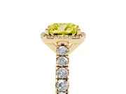 Fancy Yellow Cushion Cut Diamond Halo Engagement Ring Set in Yellow gold with Pavé Band and Prong Setting