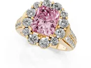 Fancy Pink Radiant Cut Diamond Halo Engagement Ring Set in Yellow gold with Split Shank and Prong Setting