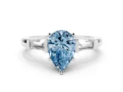 Fancy Blue Pear Cut Diamond Solitaire Ring Set in Silver with Tapered Baguette Accents and Prong Setting