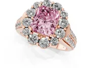Fancy Pink Radiant Cut Diamond Halo Engagement Ring Set in Rose gold with Split Shank and Prong Setting