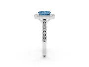 Fancy Blue Radiant Cut Diamond Milgrain Floral Halo Engagement Ring Set in White gold with Pavé Band