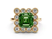 Asscher Cut Milgrain Cluster Halo Engagement Ring Setting for a Fancy Green Lab-Grown Diamond | Plain Band | Yellow Gold