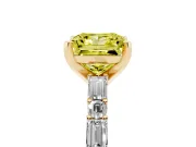 Fancy Yellow Princess Cut Diamond Solitaire Set in Yellow gold with Side Baguettes and Channel Set Band