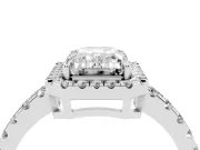 Emerald Cut Diamond Halo Ring Set in Platinum with Delicate Pavé Band and Prong Setting