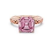 Fancy Pink Asscher Cut Diamond Solitaire Ring Set in Rose gold with Milgrain and Black Enamel X Pattern Band