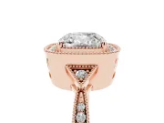 Cushion Cut Diamond Halo Engagement Ring Set in Rose gold with Milgrain Pavé Band