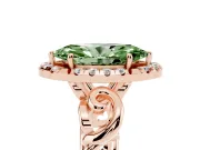 Fancy Green Marquise Cut Diamond Halo Ring Set in Rose gold with Scrollwork Band and Prong Setting