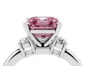 Fancy Pink Three-Stone Asscher Cut Diamond Ring Set in Platinum with Prong Setting and Plain Band