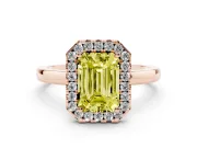 Fancy Yellow Emerald Cut Diamond Halo Solitaire Ring Set in Rose gold with Pavé Band and Prong Setting