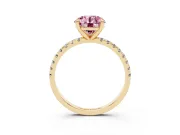 Fancy Pink Round Cut Diamond Brilliant Solitaire Ring Set in Yellow gold with Pavé Band and Prong Setting