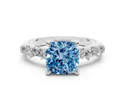 Fancy Blue Cushion Cut Diamond Solitaire Vine Band Ring Set in Platinum with Round Accents and Prong Setting