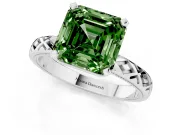 Fancy Green Asscher Cut Diamond Solitaire Ring Set in White gold with Milgrain and Black Enamel X Pattern Band