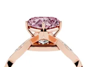 Fancy Pink Heart Cut Diamond Twist Band Solitaire Ring Set in Rose gold with Leaf Prong Setting and Accent Stones