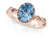 Fancy Blue Oval Cut Diamond Vintage-Inspired Milgrain Ring Set in Rose gold with Marquise Stations of Round Accents
