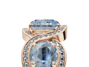 Radiant Cut Three Stone Halo Engagement Ring Setting for a Fancy Blue Lab-Grown Diamond | Pavé Wave Band | Rose Gold