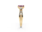 Fancy Pink Emerald Cut Diamond Three-Stone Ring Set in Yellow gold with Pavé Split Shank and Prong Setting