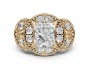 Radiant Cut Vintage Floral Halo Engagement Ring Setting | Engraved Milgrain Band | Yellow Gold