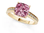 Fancy Pink Cushion Cut Diamond Pavé Band Prong Set Solitaire Ring Set in Yellow gold