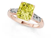 Radiant Cut Three Stone Engagement Ring Setting for a Fancy Yellow Lab-Grown Diamond | Tapered Baguettes | Rose Gold