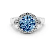 Round Halo Engagement Ring Setting for a Fancy Blue Lab-Grown Diamond | Pavé Panel Shoulders | Sterling Silver