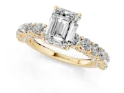 Emerald Cut Shared Prong Engagement Ring Setting | Two-Row Band | Yellow Gold