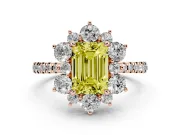 Fancy Yellow Emerald Cut Diamond Floral Halo Ring Set in Rose gold with Round Pavé Band and Prong Setting