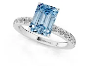 Fancy Blue Emerald Cut Diamond Solitaire Set in White gold with Round Pavé Band and Prong Setting