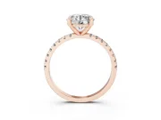 Round Cut Diamond Brilliant Solitaire Ring Set in Rose gold with Pavé Band and Prong Setting