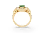 Fancy Green Oval Cut Diamond Milgrain Halo Ring Set in Yellow gold with Split Shank